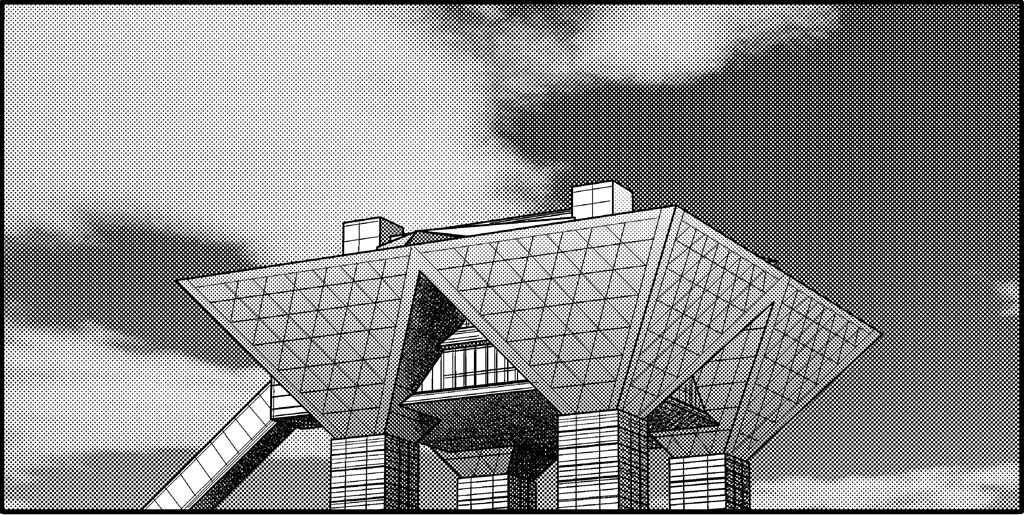 aoki_hagane_no_arpeggio building clouds commentary_request greyscale kaname_aomame monochrome no_humans sky tokyo_big_sight window
