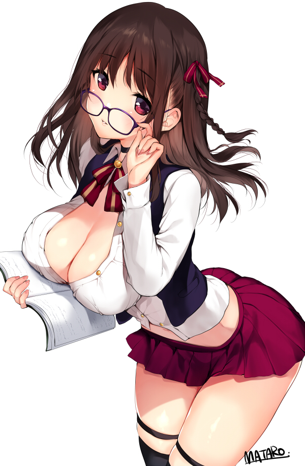 1girl adjusting_eyewear artist_name bangs blush book braid breasts brown_hair choker cleavage commentary_request eyebrows_visible_through_hair eyewear_pull glasses hair_ribbon holding holding_book holding_eyewear kneehighs large_breasts leaning_forward librarian long_hair looking_at_viewer matarou_(genkai_toppa) midriff miniskirt open_clothes open_shirt original pleated_skirt red_eyes red_skirt ribbon shirt single_braid skirt standing striped_neckwear thighs unbuttoned unbuttoned_shirt white_shirt