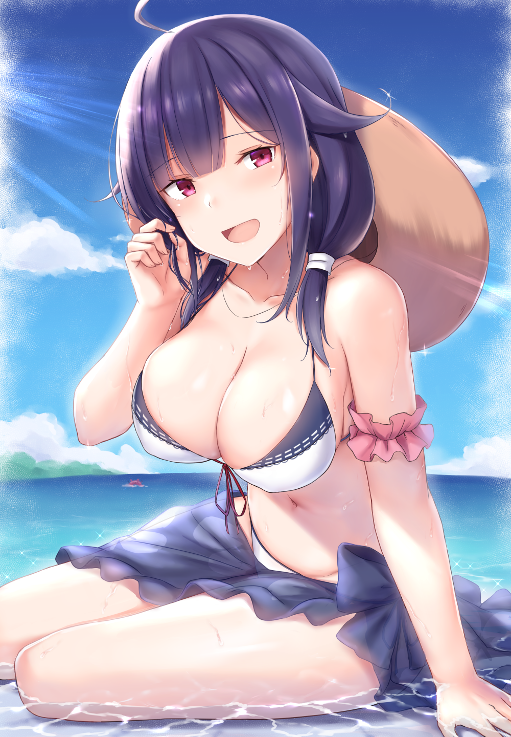 1girl :d ahoge alternate_costume arm_scrunchie arm_support bangs bare_shoulders beach bikini blurry blurry_background blush breasts cai_geng cleavage collarbone day enemy_lifebuoy_(kantai_collection) eyebrows_visible_through_hair groin hair_flaps hand_in_hair hat highres kantai_collection large_breasts long_hair looking_at_viewer low_twintails navel ocean open_mouth outdoors purple_hair purple_sarong red_eyes sarong see-through sidelocks sitting skindentation smile solo sparkle stomach sun_hat sunlight swimsuit taigei_(kantai_collection) thighs twintails wet white_bikini yokozuwari