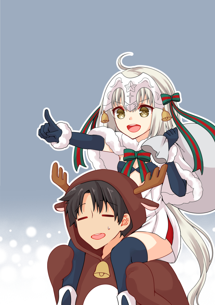 ahoge animal_costume asazuki_norito bell black_gloves black_hair bow capelet carrying closed_eyes elbow_gloves fake_antlers fate/grand_order fate_(series) flat_chest fujimaru_ritsuka_(male) fur-trimmed_capelet fur_trim gloves hair_bow headpiece highres jeanne_d'arc_(fate)_(all) jeanne_d'arc_alter_santa_lily long_hair open_mouth pointing reindeer_costume ribbon shoulder_carry smile striped striped_ribbon sweatdrop white_capelet yellow_eyes