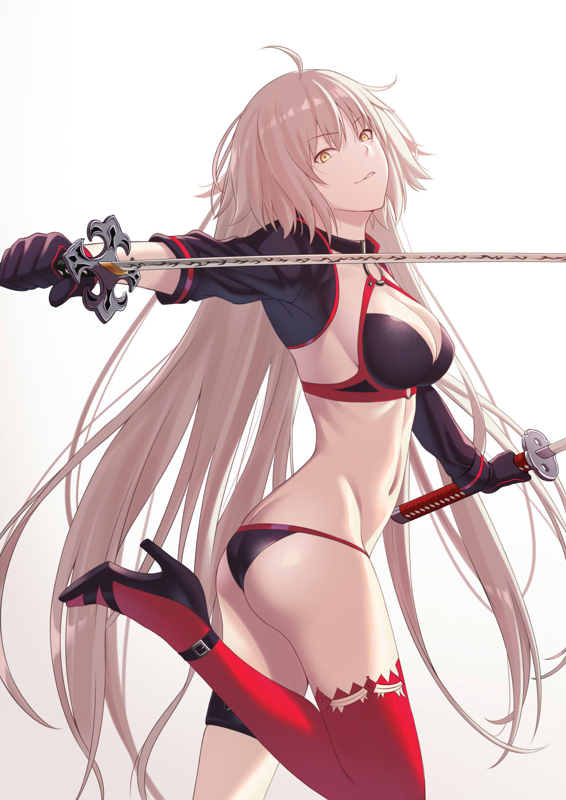 1girl ahoge ass asymmetrical_legwear board_game breasts butt_crack choker cleavage fate/grand_order fate_(series) female_ass gloves go high_heels highres jacket jeanne_d'arc_(alter)_(fate) jeanne_d'arc_(alter_swimsuit_berserker) jeanne_d'arc_(fate)_(all) katana long_hair looking_at_viewer navel o-ring o-ring_bikini pale_skin sdd simple_background single_thighhigh solo standing standing_on_one_leg sword tawagoto_dukai_no_deshi thigh-highs weapon white_background white_hair yellow_eyes