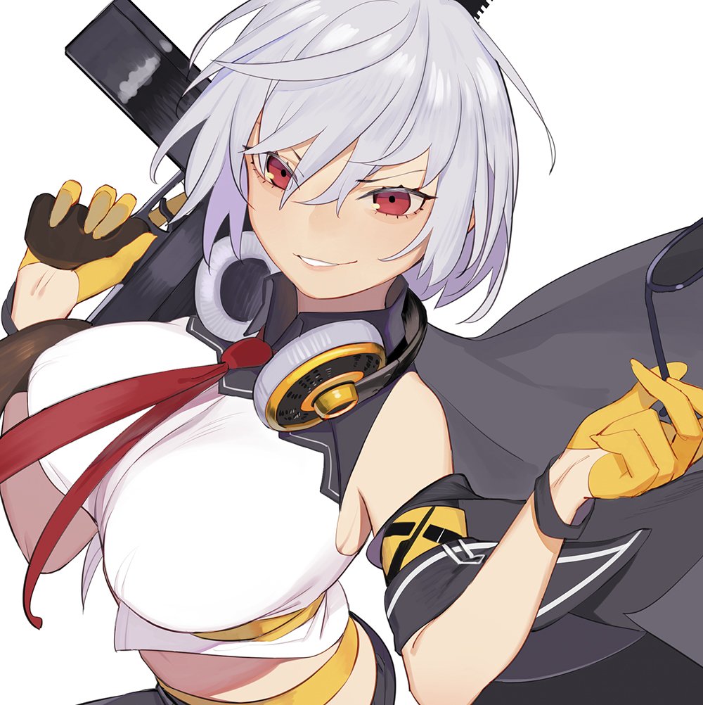 1girl bad_id bad_twitter_id bangs breasts collared_shirt commentary crop_top eyewear_removed girls_frontline gloves grey_hair gun headphones headphones_around_neck holding holding_eyewear holding_gun holding_weapon jacket juz large_breasts lips looking_at_viewer midriff necktie off_shoulder red_eyes red_neckwear shirt short_hair simple_background sleeveless sleeves_folded_up smirk solo sunglasses thompson_submachine_gun_(girls_frontline) weapon white_background yellow_gloves