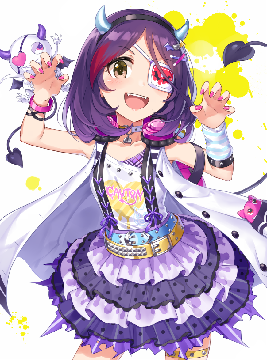 1girl :d bangs black_hairband breasts brown_eyes choker cleavage cowboy_shot eyepatch fake_horns fangs hairband hayasaka_mirei highlights idolmaster idolmaster_cinderella_girls idolmaster_cinderella_girls_starlight_stage layered_skirt looking_at_viewer miniskirt multicolored_hair nail_polish ocean open_mouth parted_bangs pink_nails polka_dot_skirt purple_hair skirt small_breasts smile solo standing suspender_skirt suspenders thighlet white_background yuuhi_(ages)