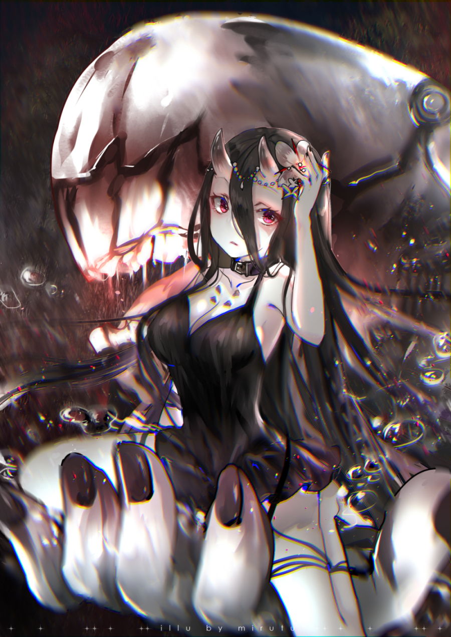 1girl air_bubble bare_legs bare_shoulders battleship_hime belt_collar black_dress black_hair black_nails breasts bubble cleavage commentary_request dress fingernails flower hair_between_eyes hair_ornament hand_up highres horns kantai_collection large_breasts long_hair looking_at_viewer mirutu nail_polish red_eyes shinkaisei-kan short_dress sleeveless sleeveless_dress solo underwater white_flower white_skin