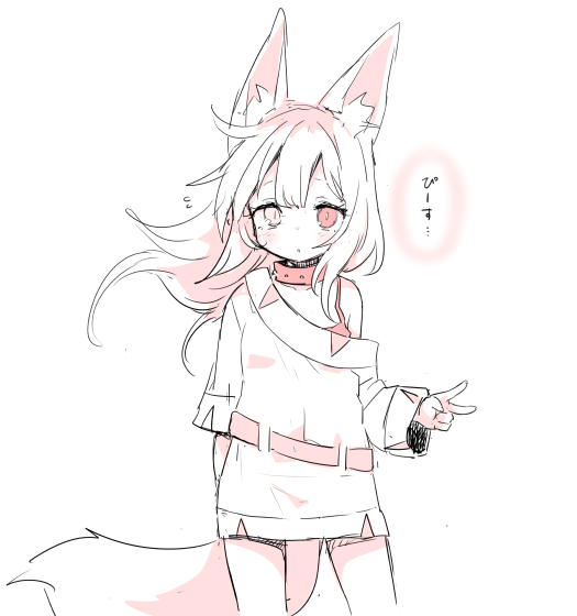 1girl animal_ears belt done_(donezumi) flying_sweatdrops fox_ears fox_tail heterochromia long_hair monochrome off_shoulder original parted_lips tail tunic v