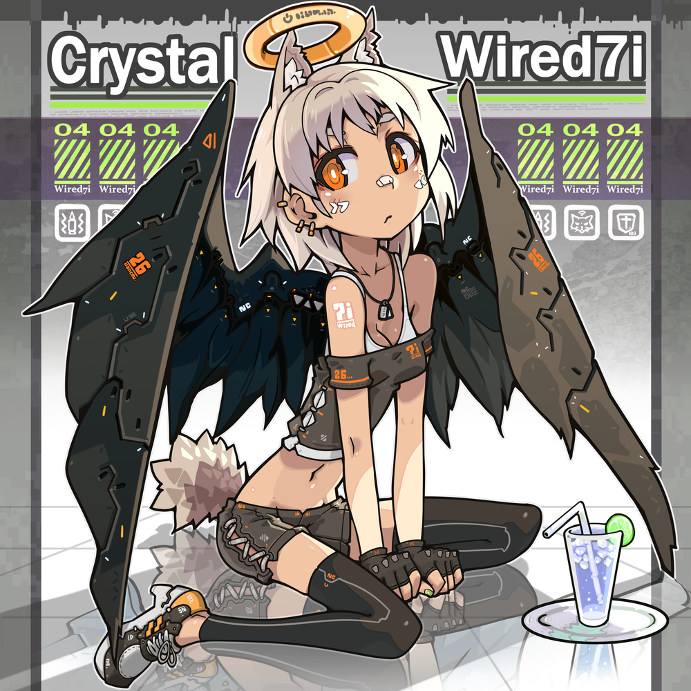 1girl animal_ears black_gloves black_legwear black_wings breasts cleavage cup dog_tags drinking_glass drinking_straw ear_piercing earrings facial_mark fingerless_gloves gloves halo jewelry looking_at_viewer mechanical_wings medium_breasts midriff nancou_(nankou) navel original piercing short_hair shorts sitting solo tail tank_top tattoo thigh-highs wariza white_hair wings yellow_eyes