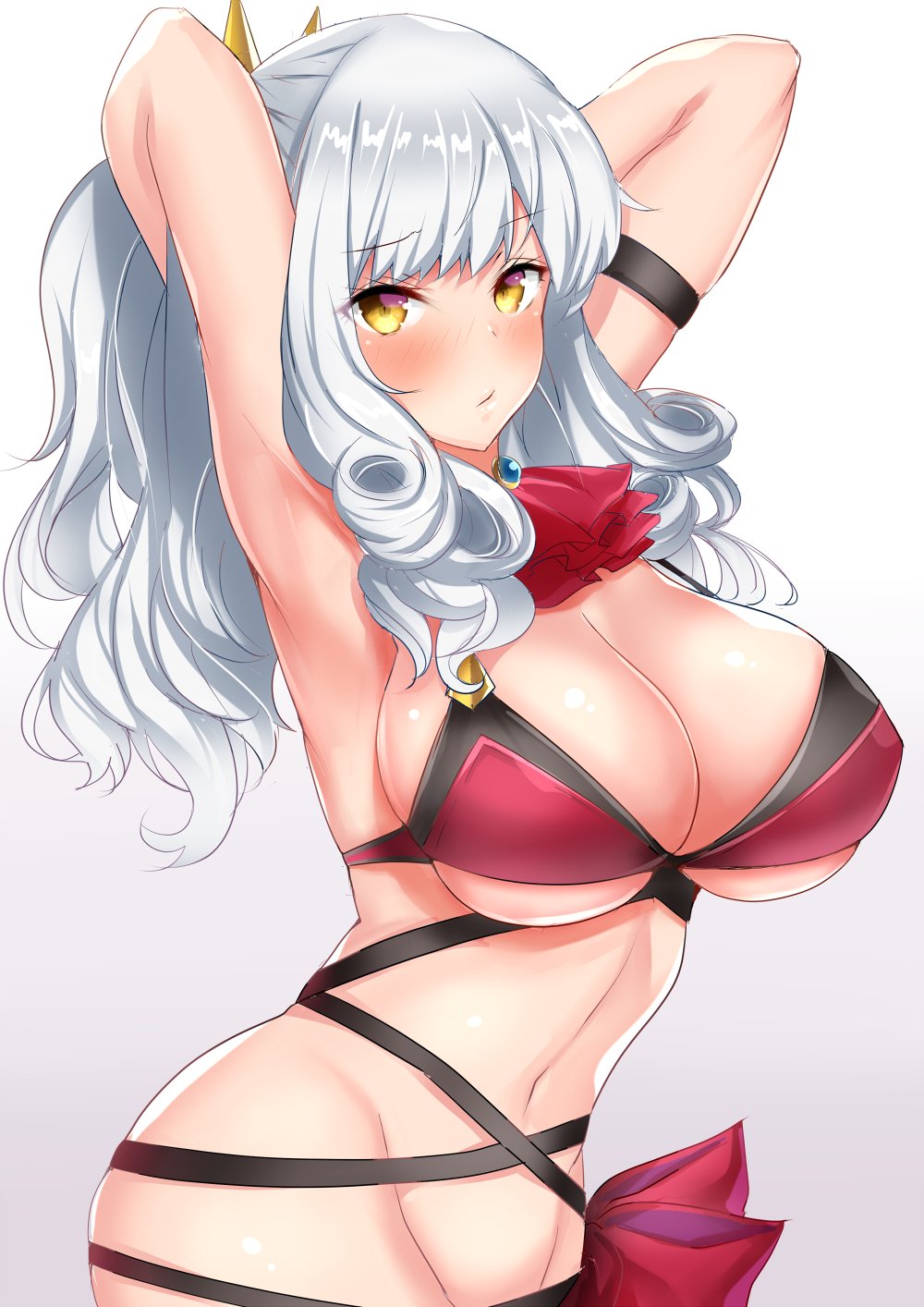 1girl armband armpits arms_behind_head arms_up bangs bare_shoulders bikini blush breasts brooch carmilla_(fate/grand_order) cleavage closed_mouth collarbone cravat cross-laced_clothes curly_hair fate/grand_order fate_(series) hair_ornament highres hips jeweled_cravat jewelry large_breasts long_hair looking_at_viewer navel ponytail red_bikini red_ribbon red_swimsuit ribbon sankakusui silver_hair simple_background solo summertime_mistress_(fate/grand_order) swimsuit waist white_background yellow_eyes