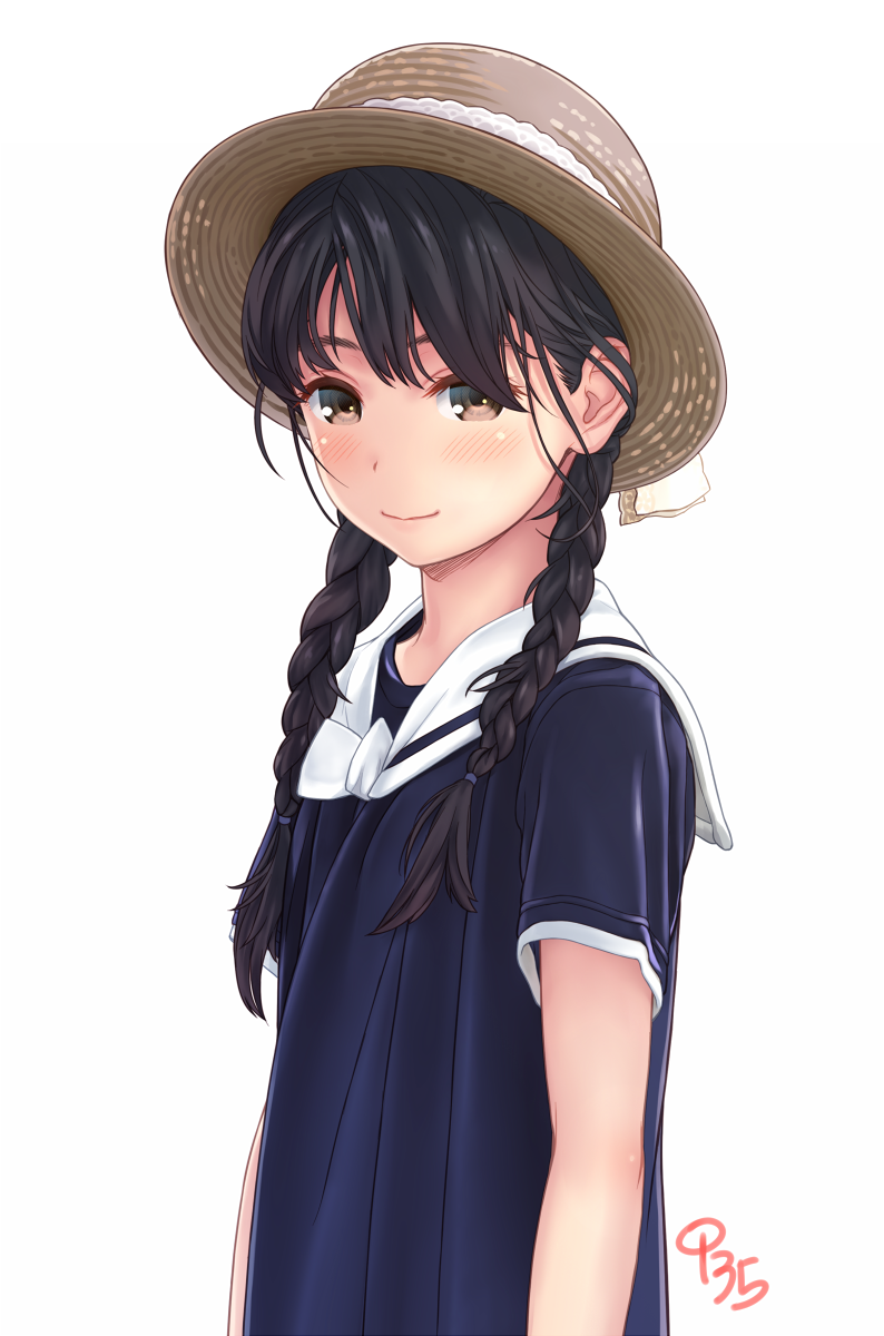 1girl aoi_kumiko arms_at_sides bangs black_shirt blush braid brown_eyes brown_hat closed_mouth commentary_request fedora hair_tie hat highres long_hair looking_at_viewer original pink_lips sailor_collar shirt short_sleeves signature simple_background smile solo twin_braids upper_body white_background white_sailor_collar