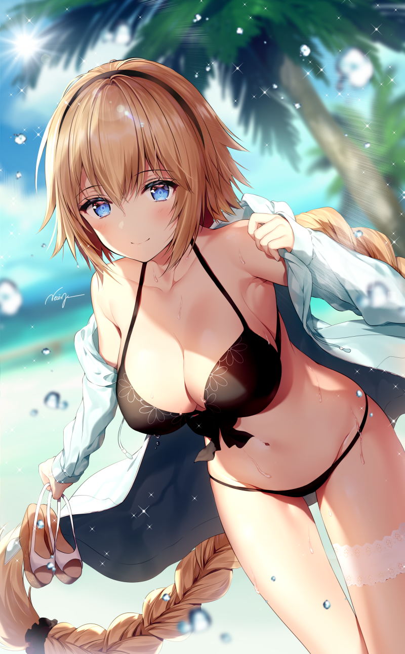 1girl ahoge alternate_costume bangs beach bikini black_bikini blonde_hair blue_sky blurry blurry_background blush braid breasts cleavage closed_mouth clouds collarbone commentary_request day eyebrows_visible_through_hair fate/grand_order fate_(series) groin hair_between_eyes hair_ornament hair_scrunchie hairband highres holding holding_shoes jacket jeanne_d'arc_(fate)_(all) jeanne_d'arc_(swimsuit_archer) large_breasts leg_garter light_particles long_hair long_sleeves looking_at_viewer navel necomi ocean open_clothes open_jacket palm_tree sand sandals sandals_removed scrunchie shoes sidelocks signature single_braid sky smile solo sparkle stomach sunlight swimsuit thighs tree very_long_hair wet yellow_eyes