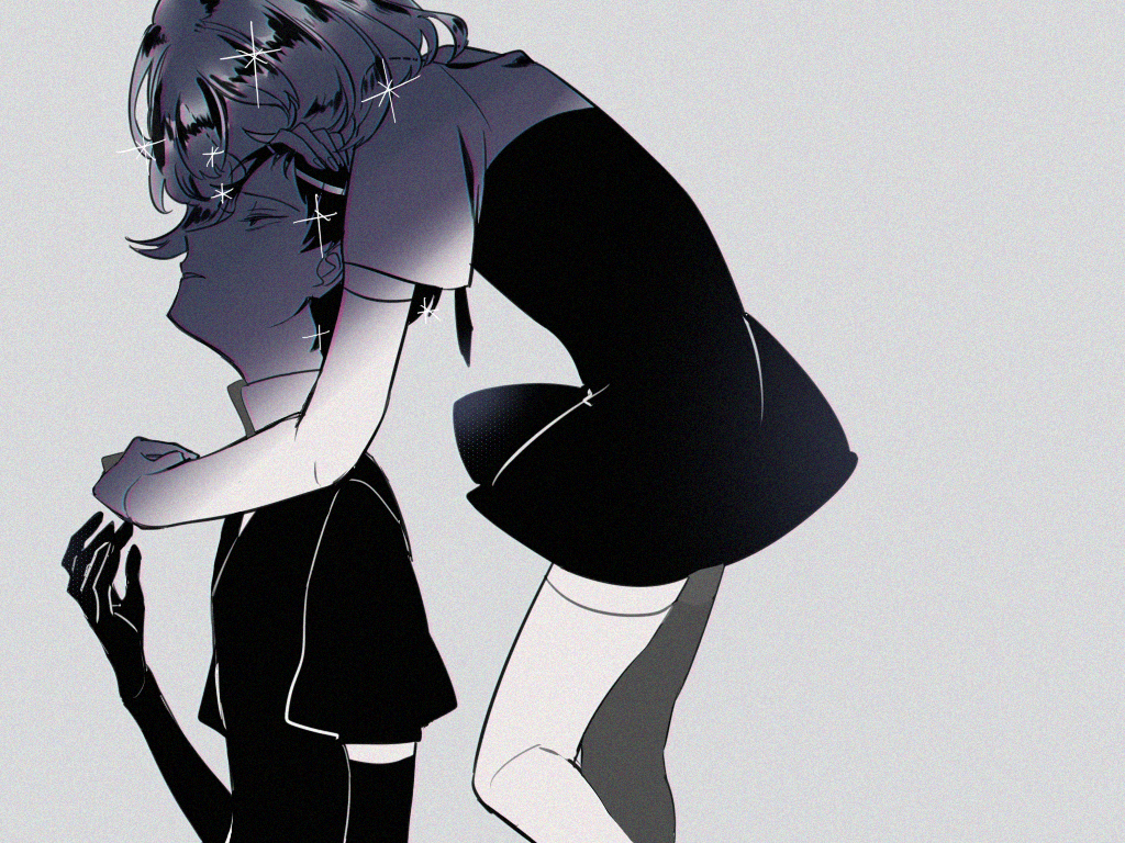 2others alternate_hair_length alternate_hairstyle androgynous black_eyes black_hair bort diamond_(houseki_no_kuni) elbow_gloves gem_uniform_(houseki_no_kuni) gloves grey_background hand_on_another's_head houseki_no_kuni lin_yang multiple_others short_hair sparkle spoilers thigh-highs white_hair