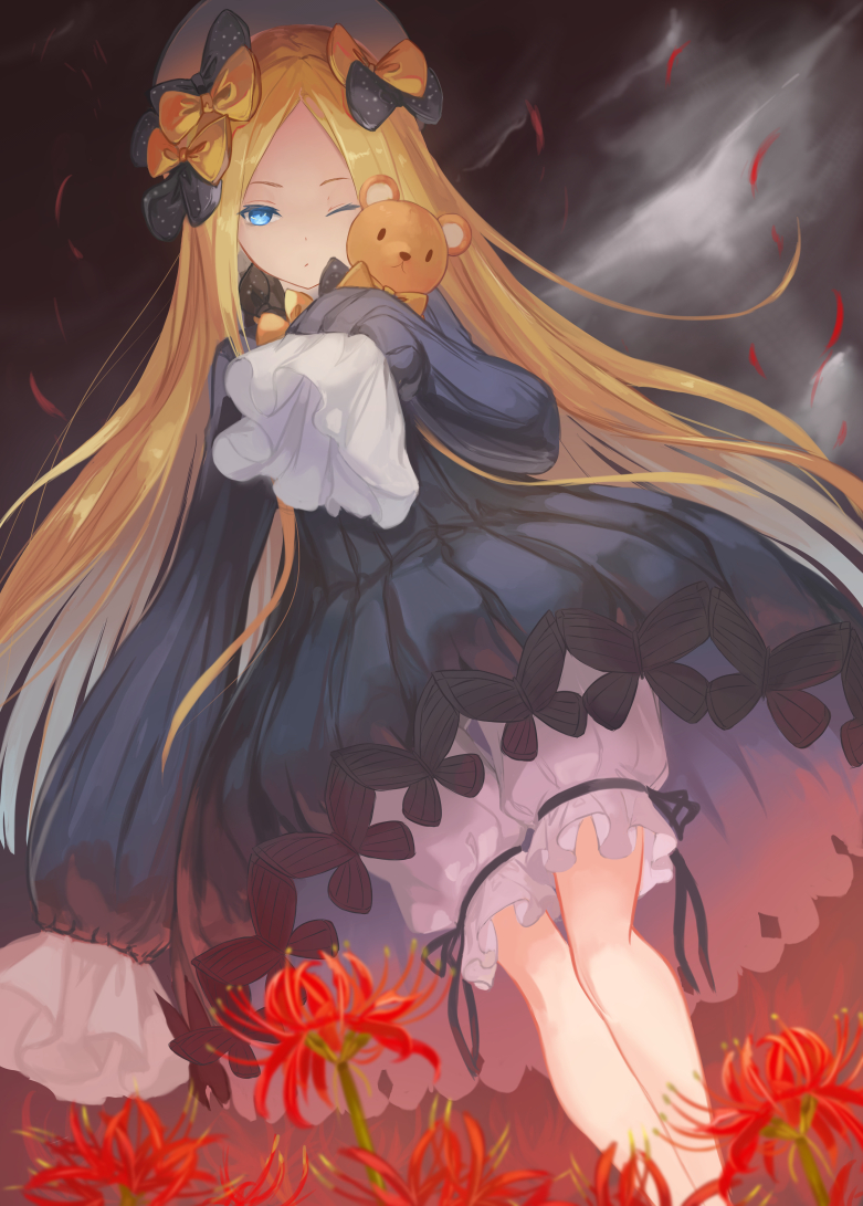 1girl abigail_williams_(fate/grand_order) akira0171 bangs black_bow black_dress black_hat blonde_hair bloomers blue_eyes bow clouds cloudy_sky dress fate/grand_order fate_(series) field flower flower_field forehead frilled_sleeves frills hair_bow hat holding holding_stuffed_animal legs long_hair looking_at_viewer one_eye_closed orange_bow parted_bangs polka_dot polka_dot_bow puffy_sleeves sky sleeves_past_fingers sleeves_past_wrists solo stuffed_animal stuffed_toy teddy_bear underwear very_long_hair white_bloomers