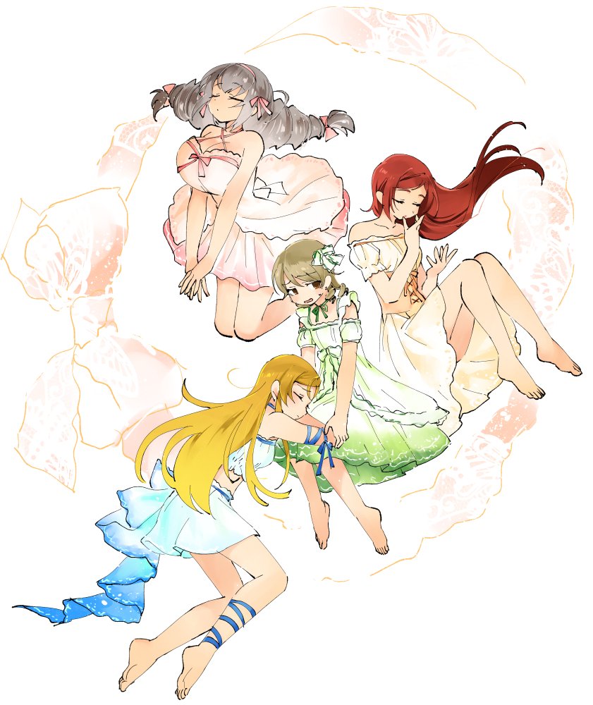 4girls asymmetrical_legwear bangs bare_arms bare_legs bare_shoulders barefoot blonde_hair bow braid breasts closed_eyes commentary crop_top crossover dress eyebrows_visible_through_hair floating green_dress grey_hair hair_bow hair_ribbon halter_top halterneck hand_to_own_mouth hands_together idolmaster idolmaster_cinderella_girls idolmaster_million_live! imura_setsuna lap_pillow large_breasts light_blue_skirt light_brown_hair long_hair looking_away midriff miridereningen morikubo_nono multiple_girls pink_dress redhead ribbon ribbon_legwear sakakibara_satomi shinomiya_karen trait_connection twin_braids yellow_dress