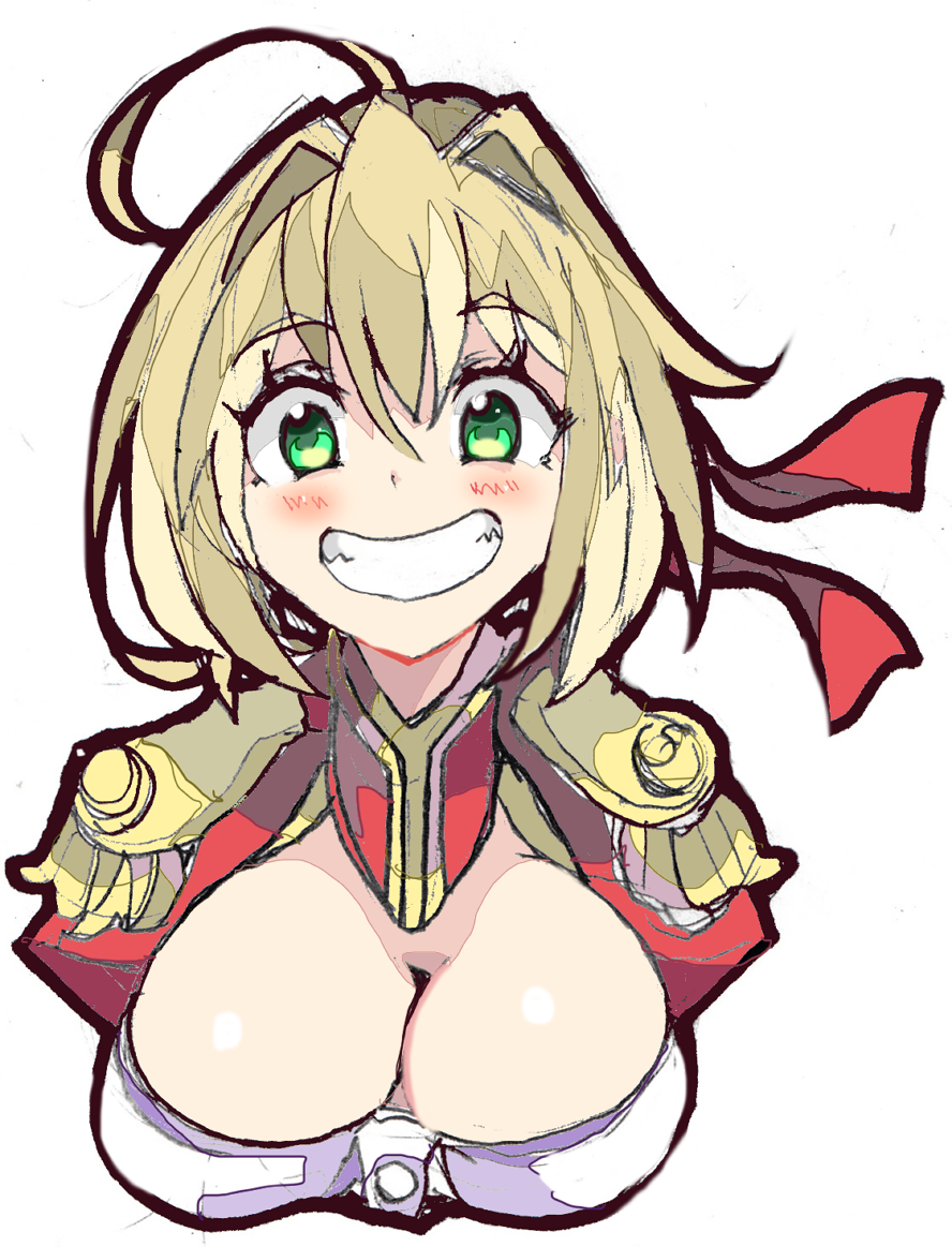 1girl ahoge bangs blonde_hair blush breasts cleavage enpe epaulettes fate/extra fate_(series) green_eyes grin hair_between_eyes hair_intakes hair_ribbon large_breasts looking_at_viewer nero_claudius_(fate) nero_claudius_(fate)_(all) red_ribbon ribbon simple_background smile solo teeth upper_body white_background