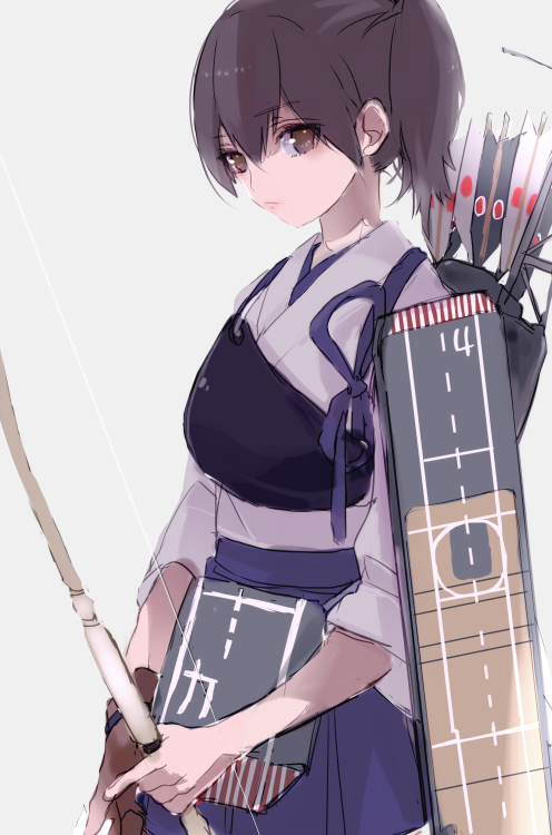 1girl apron bow_(weapon) brown_eyes brown_hair closed_mouth commentary_request flight_deck gloves hakama_skirt holding holding_bow_(weapon) holding_weapon japanese_clothes kaga_(kantai_collection) kantai_collection machinery muneate partly_fingerless_gloves quiver sezo_(shizuku) side_ponytail standing tasuki weapon yumi_(bow)