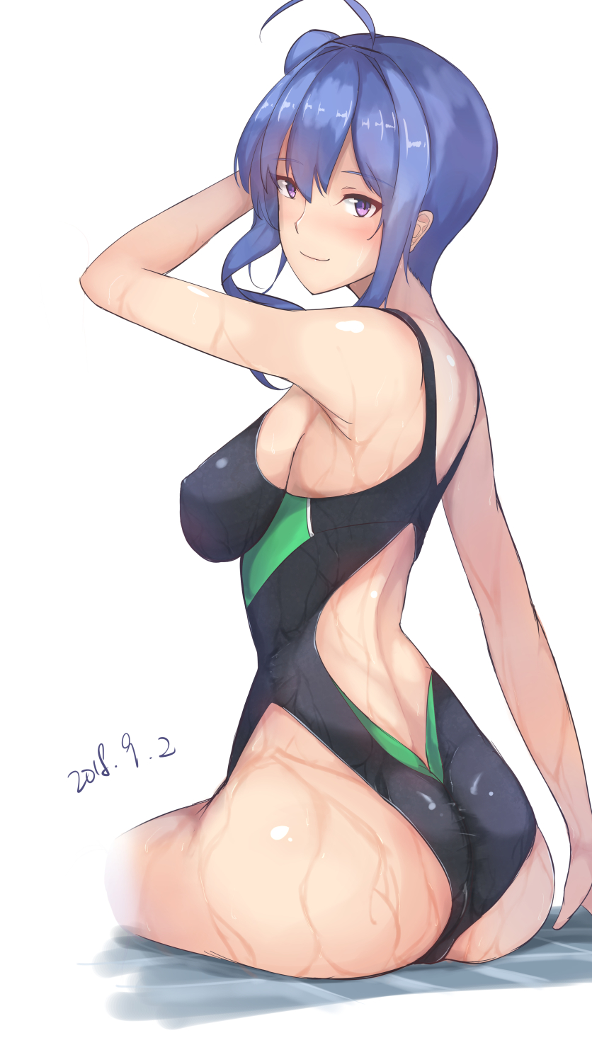 1girl ahoge ass azur_lane black_swimsuit blue_hair breasts competition_swimsuit cowboy_shot dated from_behind hair_bun highres large_breasts long_hair looking_at_viewer one-piece_swimsuit sideboob simple_background sitting solo st._louis_(azur_lane) swimsuit violet_eyes wet white_background yusha_(m-gata)