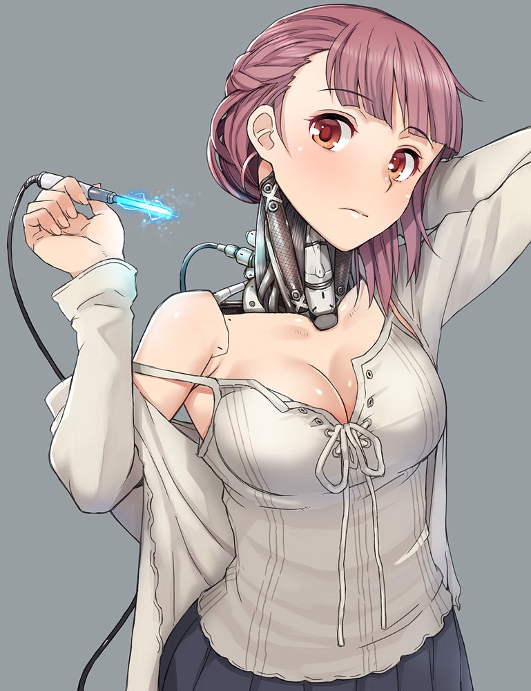 1girl android android_girl_(itou) breasts brown_eyes brown_hair cable cleavage commentary_request dress electricity grey_background holding holding_hair itou_(onsoku_tassha) original parts_exposed solo