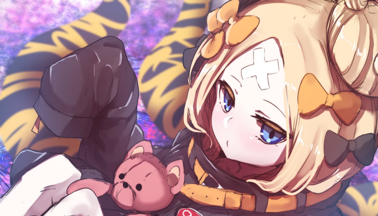 1girl abigail_williams_(fate/grand_order) bangs black_bow black_jacket blonde_hair blue_eyes blurry blurry_background blush bow closed_mouth collarbone crossed_bandaids depth_of_field fate/grand_order fate_(series) hair_bow hair_bun hand_up heroic_spirit_traveling_outfit jacket knees_up long_hair long_sleeves orange_bow parted_bangs polka_dot polka_dot_bow sitting sleeves_past_fingers sleeves_past_wrists solo stuffed_animal stuffed_toy teddy_bear tentacle wada_kazu