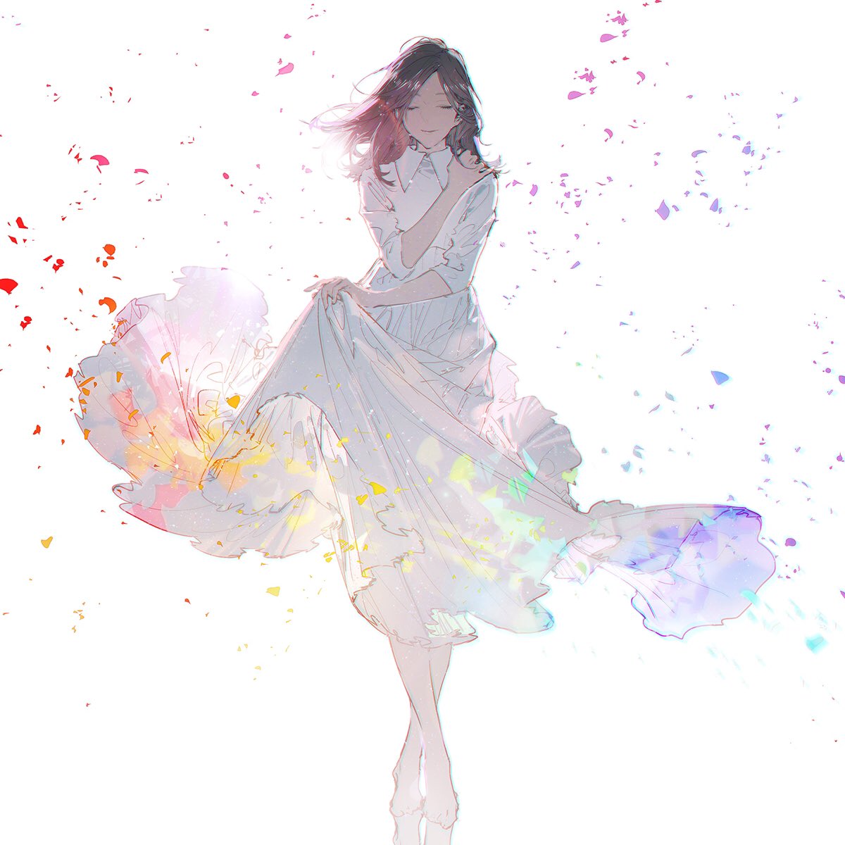 1girl bangs barefoot brown_hair closed_eyes closed_mouth collared_dress commentary_request dress dress_lift highres long_dress original parted_bangs petals rella smile solo standing white_dress wing_collar