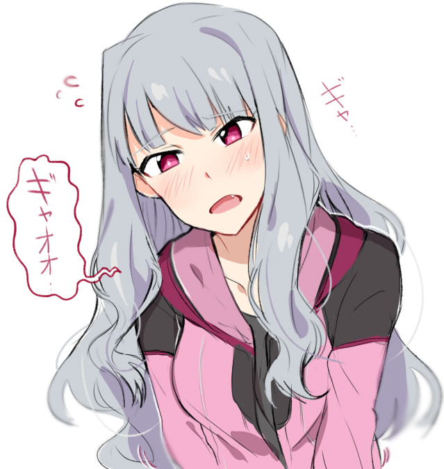 1girl bangs blush eyebrows_visible_through_hair fang flying_sweatdrops head_tilt idolmaster idolmaster_(classic) jacket long_hair long_sleeves looking_at_viewer open_mouth pink_eyes pink_jacket shijou_takane silver_hair solo sweatdrop translated tuxedo_de_cat upper_body