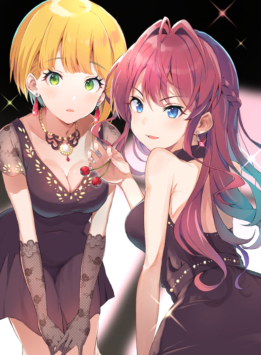 2girls black_dress blonde_hair blue_eyes cherry dress food fruit green_eyes highres ichinose_shiki idolmaster idolmaster_cinderella_girls long_hair looking_at_viewer miyamoto_frederica multiple_girls pink_hair short_hair smile ultone_(neisiss)