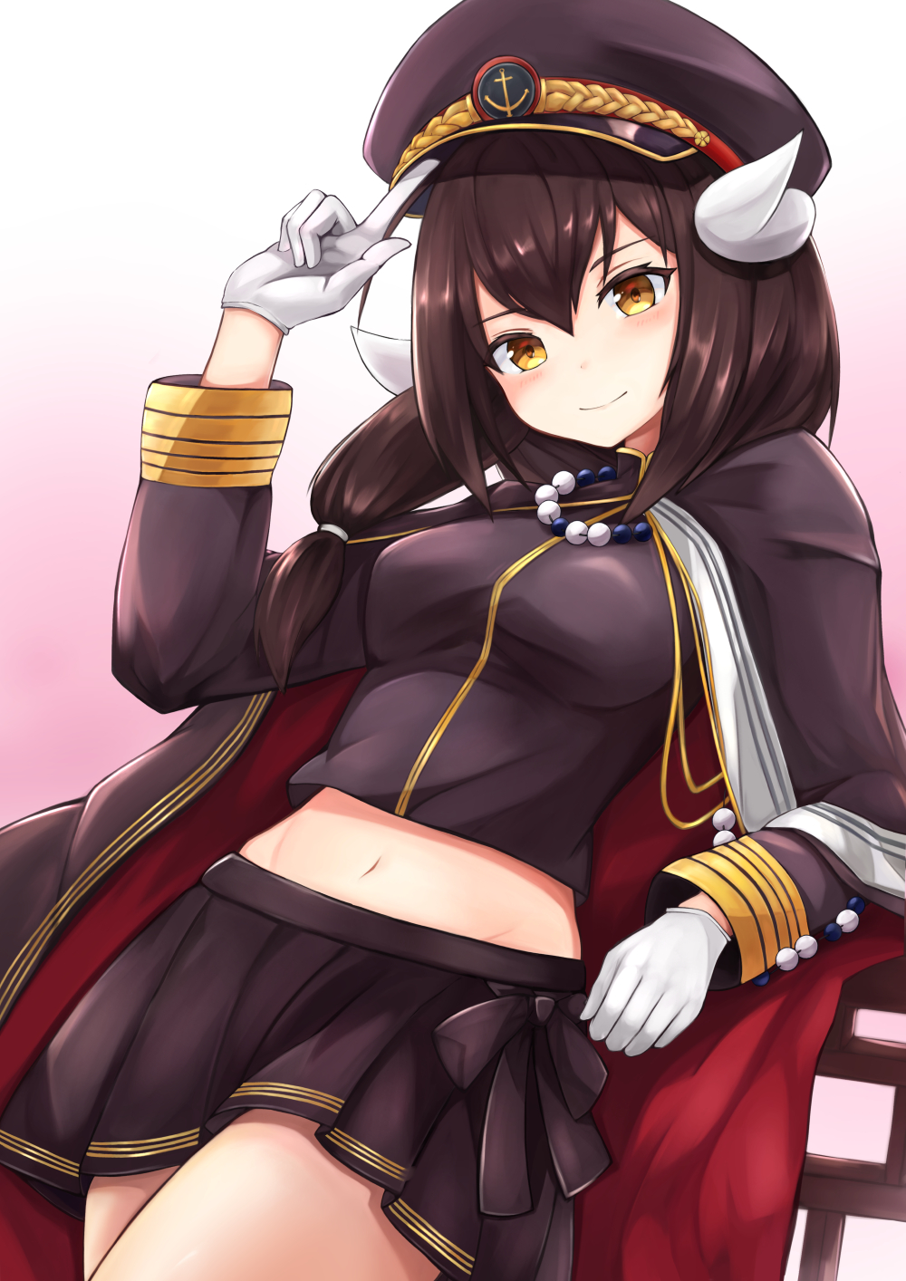 1girl anchor_symbol arm_up azur_lane bangs blush breasts brown_cape brown_eyes brown_hair brown_hat brown_jacket brown_skirt cape closed_mouth commentary_request dutch_angle eyebrows_visible_through_hair gloves gradient gradient_background hair_between_eyes hat highres index_finger_raised jacket long_hair long_sleeves looking_at_viewer medium_breasts midriff mikasa_(azur_lane) military_hat multicolored multicolored_cape multicolored_clothes navel peaked_cap pink_background pleated_skirt red_cape ryara_vivi skirt smile solo white_background white_gloves