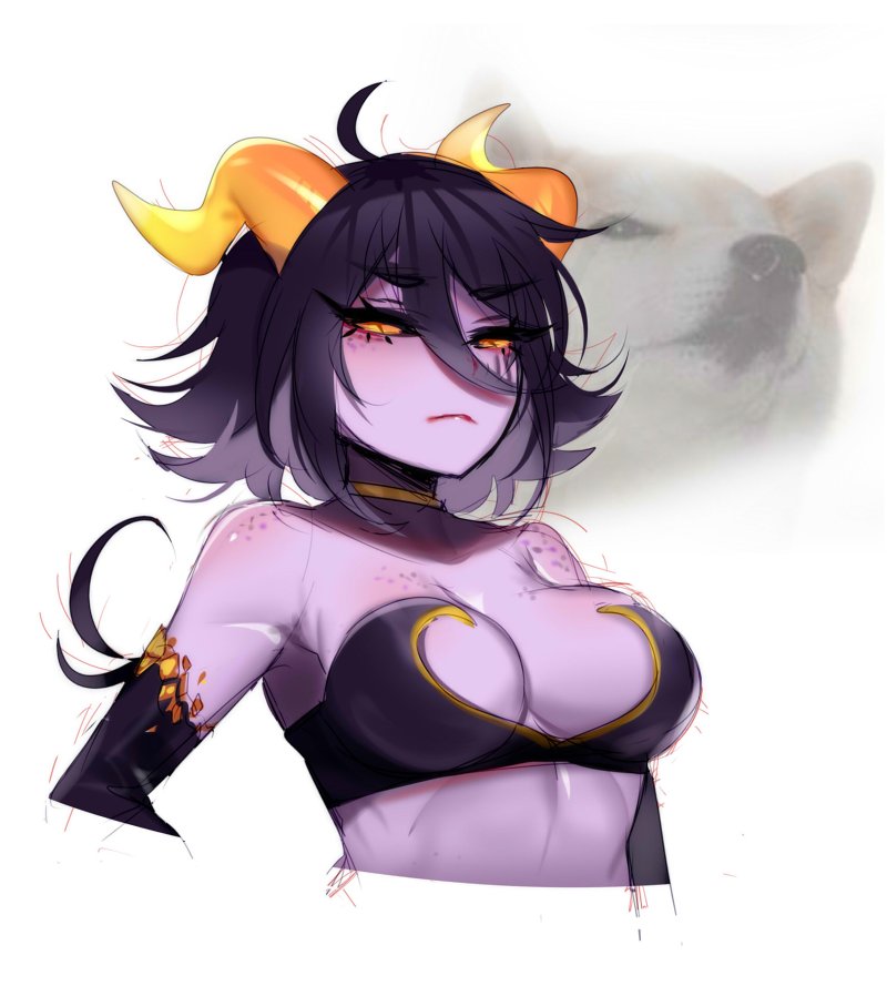 1girl ahoge bare_shoulders black_sclera breasts choker closed_mouth commentary copyright_request cropped_arms cropped_torso demon_girl dog english_commentary freckles hair_between_eyes horns large_breasts looking_at_viewer meme purple_hair purple_skin real_life_insert shiba_inu sketch slit_pupils solo teru_(renkyu) yellow_eyes