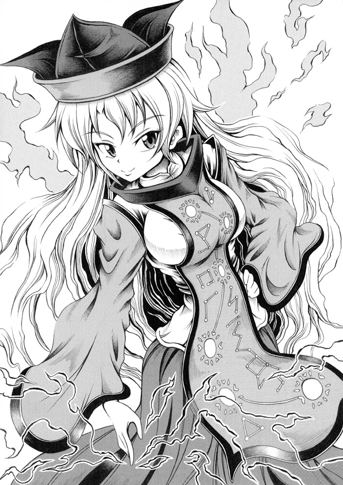1girl breasts comic cowboy_shot detached_sleeves greyscale hand_on_hip hat hidefu_kitayan large_breasts long_hair looking_at_viewer matara_okina monochrome simple_background skirt smile solo tabard touhou very_long_hair