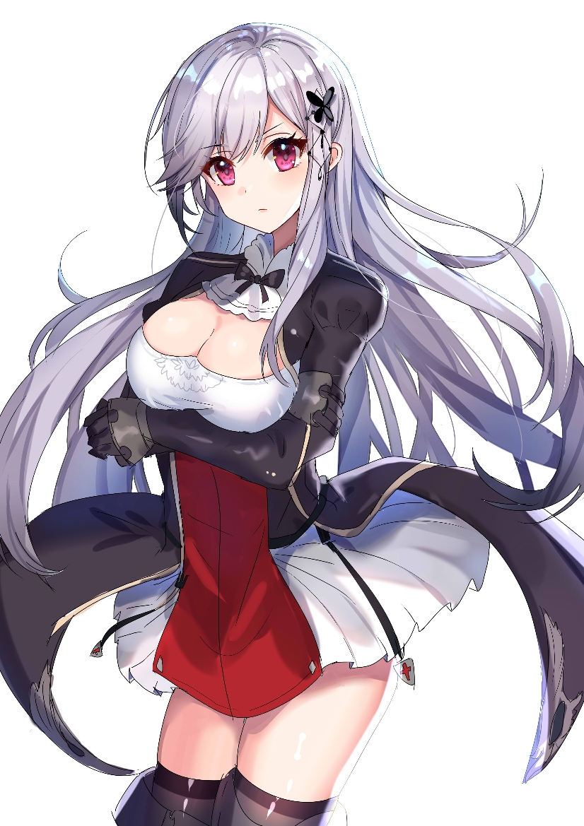 1girl arm_under_breasts bangs black_gloves black_jacket blush breast_hold breasts butterfly_hair_ornament character_request cleavage closed_mouth dress eyebrows_visible_through_hair fate/grand_order fate_(series) gejigejier gloves hair_ornament head_tilt jacket juliet_sleeves long_hair long_sleeves looking_at_viewer medium_breasts puffy_sleeves sidelocks silver_hair simple_background sleeves_past_wrists solo very_long_hair violet_eyes white_background white_dress