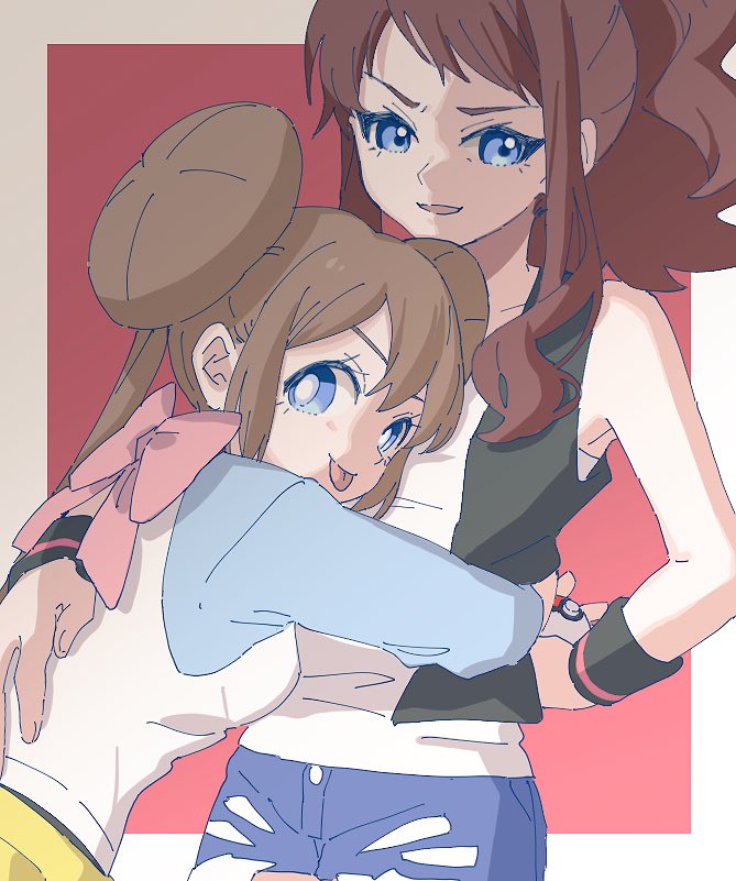 2girls :p ankea_(a-ramo-do) bangs black_vest black_wristband blue_eyes breasts brown_hair couple creatures_(company) cutoffs denim denim_shorts double_bun game_freak grabbing hug long_hair looking_at_viewer mei_(pokemon) multiple_girls nintendo open_mouth poke_ball pokemon pokemon_(game) pokemon_bw pokemon_bw2 ribbon ribbon_bra shorts smile tongue tongue_out touko_(pokemon) vest yellow_shorts