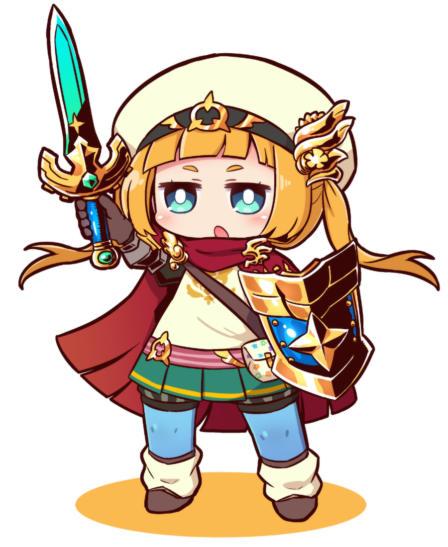 1girl belt belt_pouch black_gloves blonde_hair blue_eyes cape gloves green_skirt hat hero_(sekaiju) holding holding_shield holding_sword holding_weapon naga_u open_mouth pink_belt pouch red_cape sekaiju_no_meikyuu sekaiju_no_meikyuu_x shield short_hair simple_background skirt solo standing sword weapon white_background