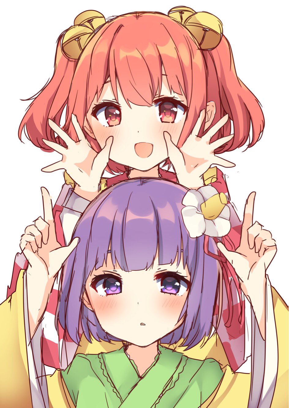 2girls :d bangs bell blush checkered checkered_kimono commentary flower green_kimono hair_bell hair_flower hair_ornament hair_ribbon hands_up hieda_no_akyuu highres index_fingers_raised japanese_clothes jingle_bell karasusou_nano kimono long_sleeves looking_at_viewer motoori_kosuzu multiple_girls off_shoulder open_mouth parted_lips pink_hair purple_hair red_eyes red_kimono red_ribbon ribbon short_hair simple_background smile touhou two_side_up upper_body violet_eyes white_background white_flower white_kimono wide_sleeves yellow_kimono