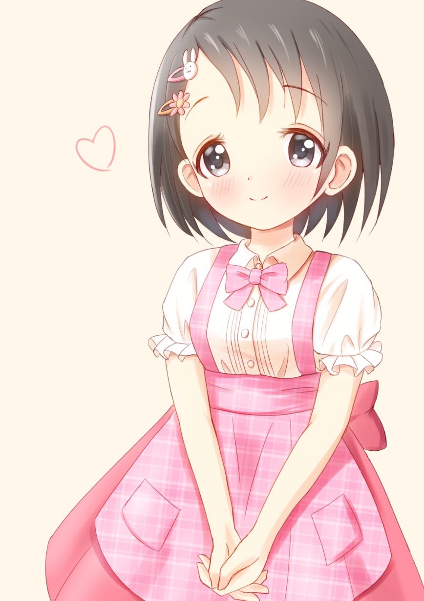 1girl black_eyes blush brown_hair child dress hair_ornament hairclip hands_together highres idolmaster idolmaster_cinderella_girls idolmaster_cinderella_girls_starlight_stage pink_background pink_dress sasaki_chie shisight short_hair short_sleeves smile solo standing