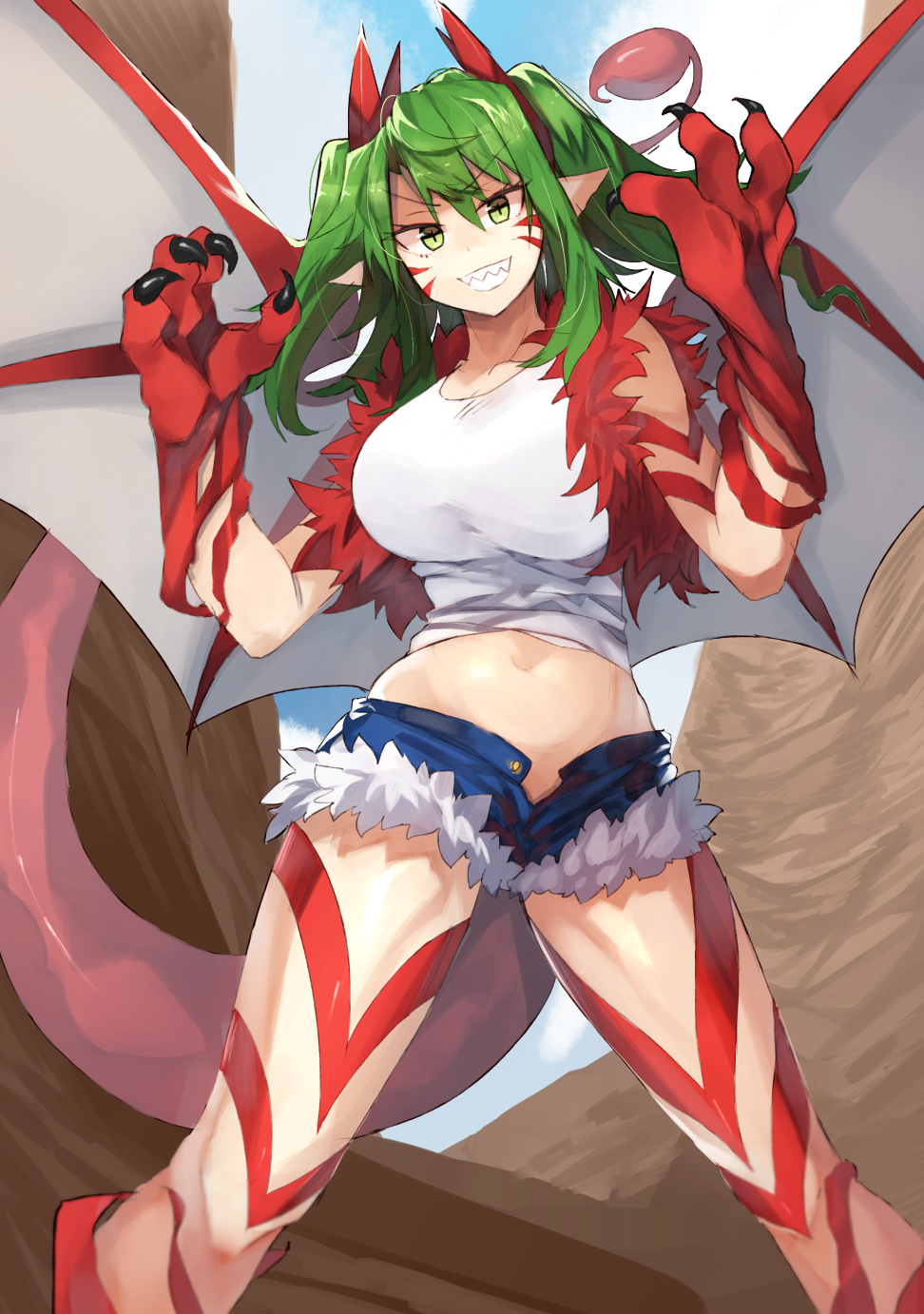 1girl bangs bare_shoulders blue_sky breasts claws collarbone commentary_request crop_top cutoffs day denim denim_shorts dragon_girl dragon_horns dragon_tail dragon_wings eyebrows_visible_through_hair facial_mark feet_out_of_frame fur_trim green_eyes green_hair grin hair_between_eyes highres horns huge_breasts kasuka_(kusuki) leg_tattoo long_hair looking_at_viewer midriff navel open_fly original outdoors pointy_ears red_vest sharp_teeth shirt short_shorts shorts sidelocks sky sleeveless sleeveless_shirt smile solo stomach tail tattoo teeth thighs tree two_side_up v-shaped_eyebrows vest white_shirt wings