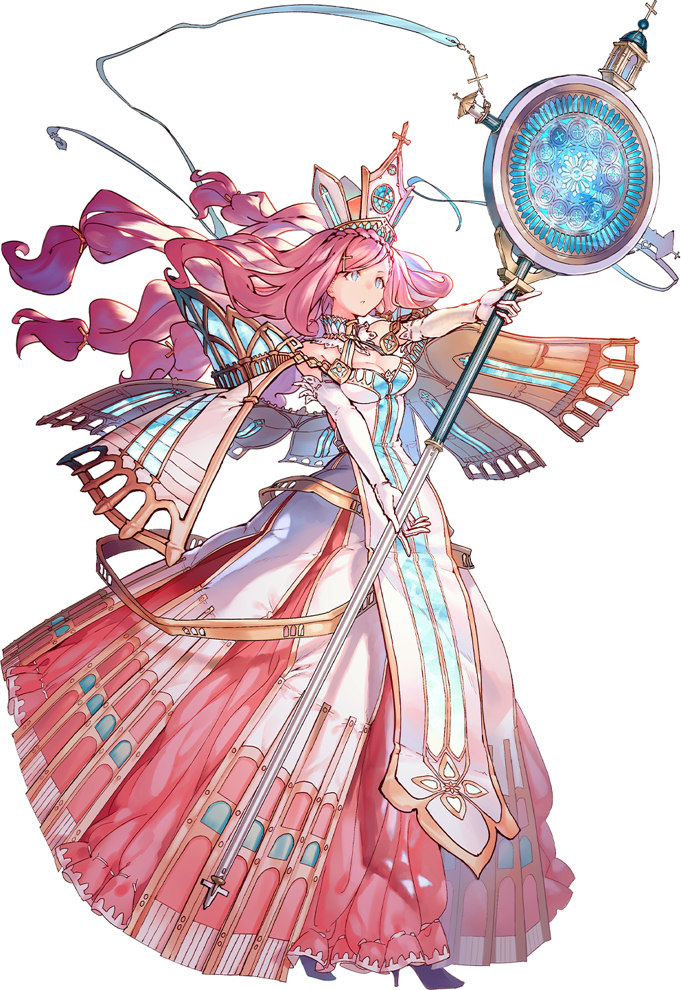 1girl assisi_(oshiro_project) bare_shoulders blue_eyes breasts crown dress elbow_gloves from_side full_body garuku gloves hair_ornament hairclip high_heels highres holding_scepter large_breasts long_hair official_art oshiro_project oshiro_project_re pink_hair smile solo transparent_background white_gloves