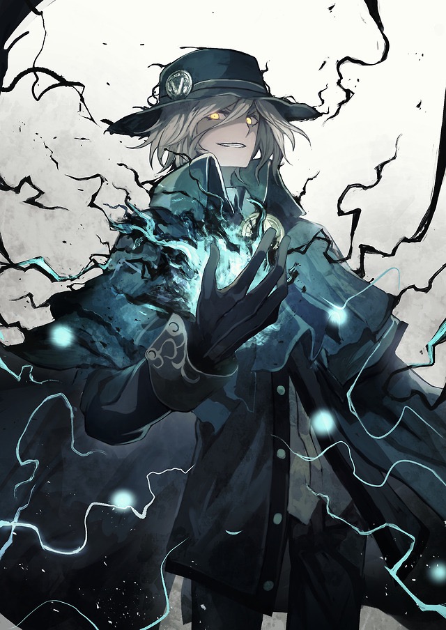 1boy bangs black_gloves black_jacket black_pants brown_hair cape commentary_request edmond_dantes_(fate/grand_order) electricity fate/grand_order fate_(series) gloves glowing glowing_eyes green_cape green_hat grin hair_between_eyes hand_up hat jacket looking_at_viewer open_clothes open_jacket pants parted_lips sanshouuo shaded_face shirt smile solo white_shirt yellow_eyes