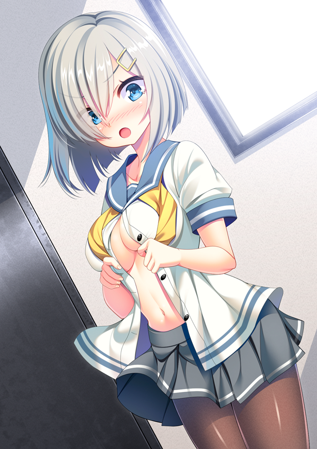 1girl blush breasts brown_legwear buntarou cleavage collarbone dress_shirt dutch_angle eyebrows_visible_through_hair grey_skirt hair_between_eyes hair_ornament hairclip hamakaze_(kantai_collection) indoors kantai_collection looking_at_viewer medium_breasts miniskirt navel neckerchief open_clothes open_mouth open_shirt pantyhose pleated_skirt school_uniform shiny shiny_clothes shiny_hair shirt short_hair short_sleeves silver_hair skirt solo standing undressing white_shirt yellow_neckwear