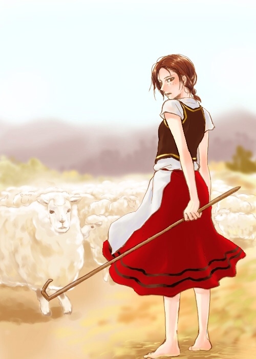 1girl barefoot braid brown_eyes brown_hair freckles looking_at_viewer red_skirt sheep shepherd shepherd's_crook shingeki_no_kyojin shirt skirt wasabi_(artist) white_shirt ymir_(shingeki_no_kyojin)