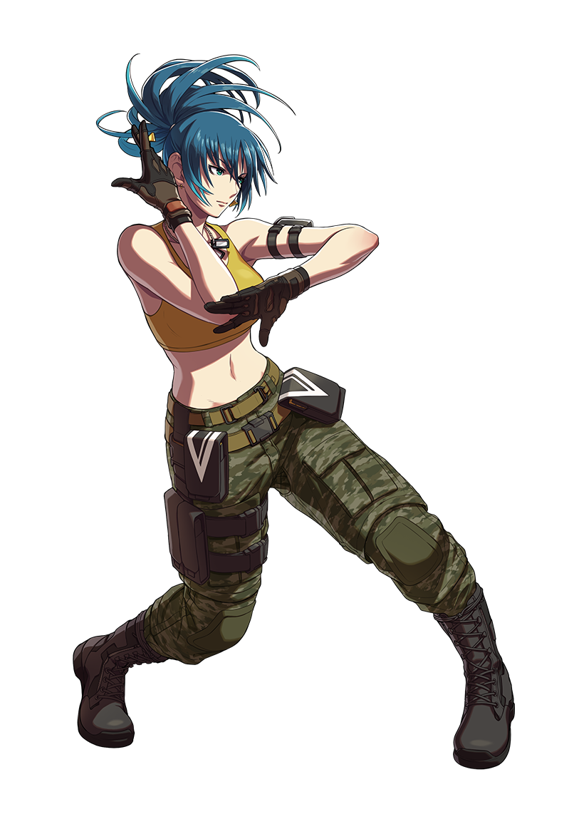 1girl ammunition_pouch armlet bangs bare_shoulders belt black_footwear blue_eyes blue_hair boots camouflage camouflage_pants closed_mouth crop_top cross-laced_footwear dog_tags fighting_stance full_body gloves leona_heidern looking_away midriff navel official_art ogura_eisuke pants ponytail pouch simple_background sleeveless snk snk_heroines:_tag_team_frenzy standing tank_top the_king_of_fighters transparent_background yellow_tank_top