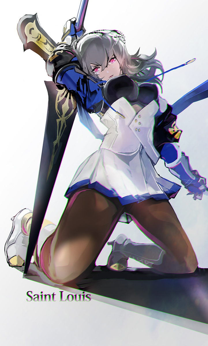 1girl arm_behind_head azur_lane bangs boots breasts commentary_request corset covered_nipples dress from_below gauntlets grey_hair hair_between_eyes hair_ornament highres holding holding_weapon knee_boots kneeling komamitsu large_breasts long_hair looking_at_viewer military military_uniform miniskirt pantyhose parted_lips pink_eyes pleated_skirt polearm saint-louis_(azur_lane) silver_hair skirt solo thighs uniform weapon white_dress white_footwear white_skirt