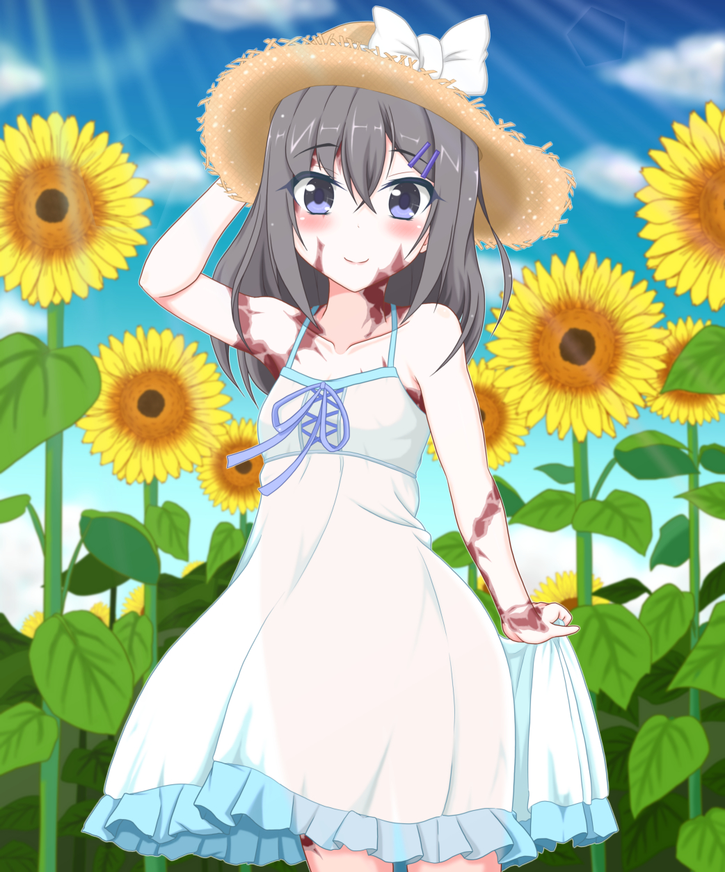 1girl bare_shoulders blue_eyes blue_sky blush bow burn_scar clouds collarbone commentary_request day dorei_to_no_seikatsu_~teaching_feeling~ dress eyebrows_visible_through_hair eyes_visible_through_hair flower grey_hair hair_between_eyes hair_ornament hairclip hand_on_headwear hat hat_bow highres long_hair looking_at_viewer outdoors scar skirt_hold sky smile solo sun_hat sunflower sunlight sylvie_(dorei_to_no_seikatsu) takahiko white_bow white_dress