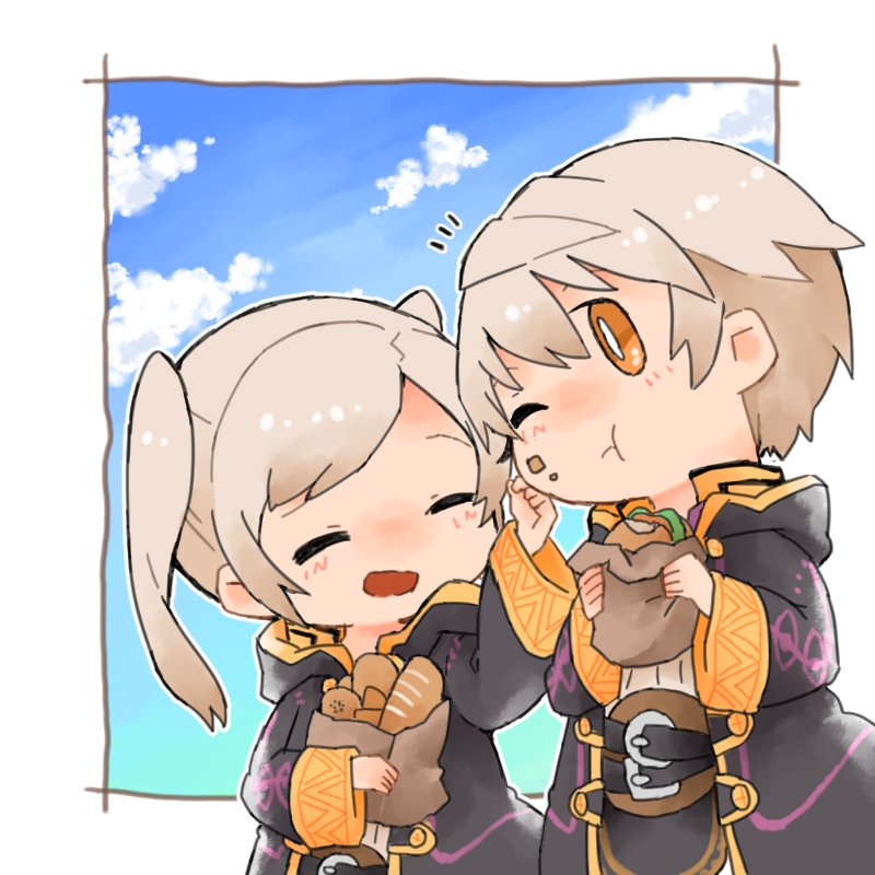 1boy 1girl blush closed_eyes clouds commentary_request eating female_my_unit_(fire_emblem:_kakusei) fire_emblem fire_emblem:_kakusei fire_emblem_heroes food hamburger holding holding_food hood hood_down hooded_jacket jacket male_my_unit_(fire_emblem:_kakusei) my_unit_(fire_emblem:_kakusei) nintendo one_eye_closed open_mouth sandwich shunrai sky twintails white_hair yellow_eyes