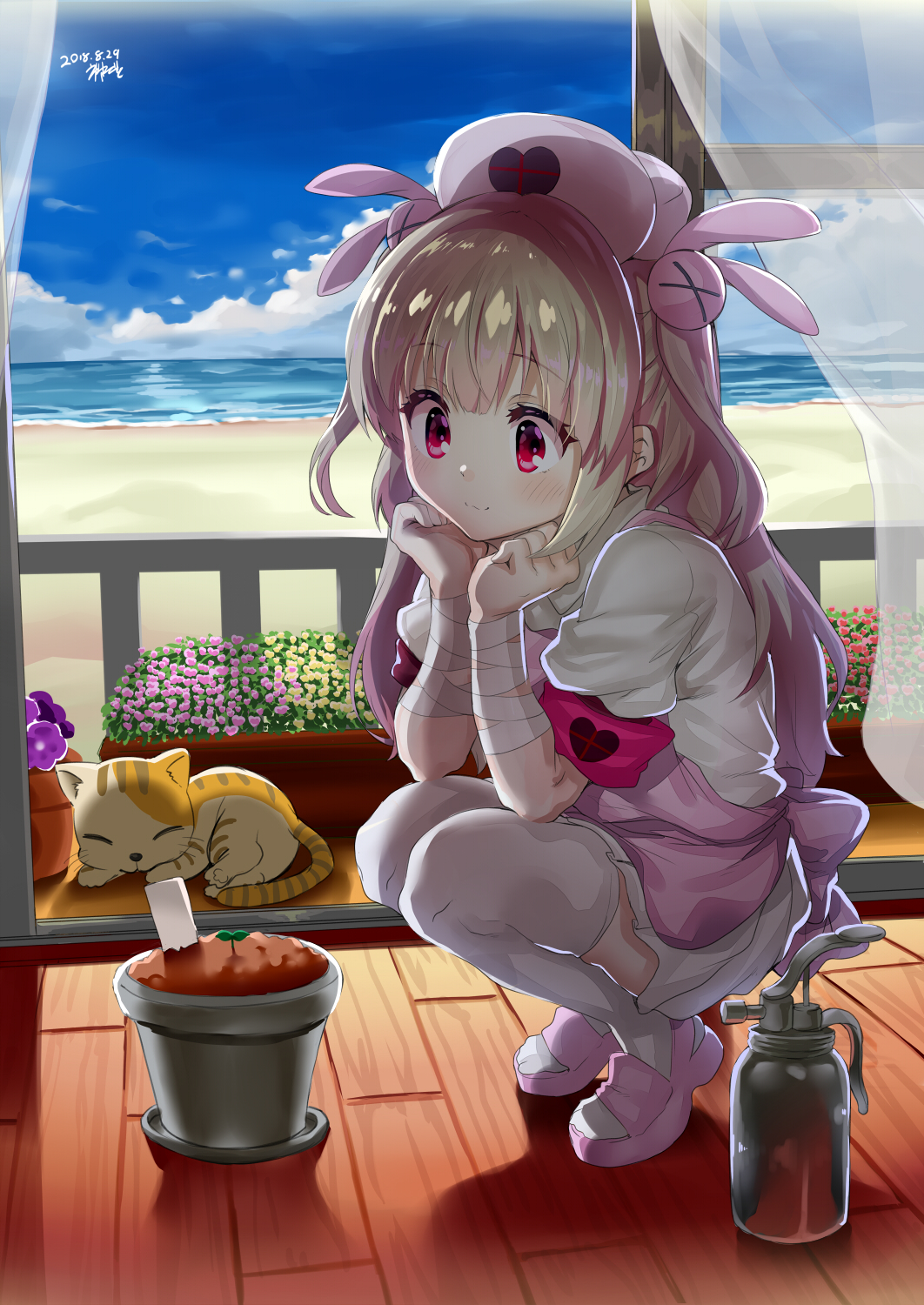 &gt;_&lt; 1girl animal armband bandage bandaged_arm bandages beach blue_sky blush bottle bunny_hair_ornament cat closed_mouth clouds commentary_request day ekakibito flower hair_ornament hat heart highres horizon indoors light_brown_hair long_hair natori_sana nurse_cap ocean pink_flower pink_footwear pink_hair pink_hat plant pleated_skirt potted_plant puffy_short_sleeves puffy_sleeves red_eyes sana_channel sand shirt short_sleeves skirt sky smile solo thigh-highs very_long_hair virtual_youtuber water white_legwear white_shirt white_skirt yellow_flower