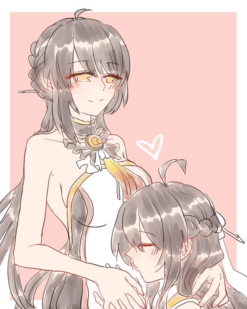 2girls ahoge ara_han bare_shoulders black_hair blush closed_eyes elsword eyebrows_visible_through_hair flower hair_ornament hairpin hua_ge_pi long_hair multiple_girls sakra_devanam_(elsword) smile yama_raja_(elsword) yuri