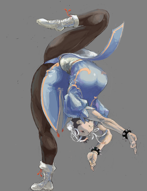 1girl black_legwear blue_dress boots bracelet breasts bun_cover capcom china_dress chinese_clothes chun-li double_bun dress full_body grey_background jewelry large_breasts looking_at_viewer pantyhose pelvic_curtain puffy_short_sleeves puffy_sleeves short_sleeves simple_background solo spiked_bracelet spikes street_fighter thighs white_footwear ymr