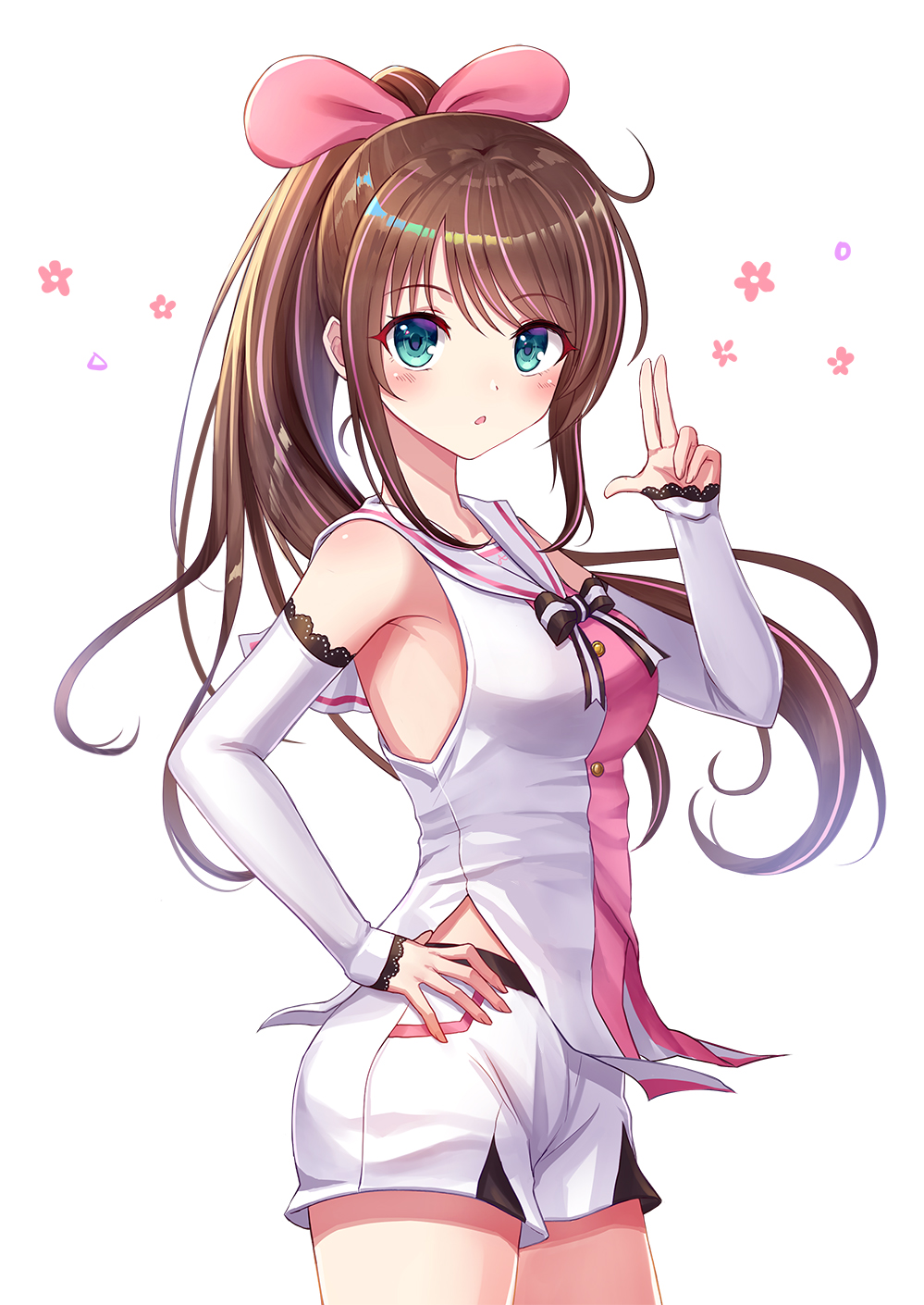 1girl a.i._channel alternate_hairstyle bangs blush bow breasts brown_bow brown_hair commentary_request cowboy_shot detached_sleeves eyebrows_visible_through_hair fingernails green_eyes hand_on_hip hand_up high_ponytail highres kizuna_ai long_hair long_sleeves looking_at_viewer medium_breasts multicolored_hair parted_lips pink_hair ponytail seungju_lee shirt short_shorts shorts simple_background sleeveless sleeveless_shirt sleeves_past_wrists solo streaked_hair striped striped_bow very_long_hair virtual_youtuber white_background white_shirt white_shorts