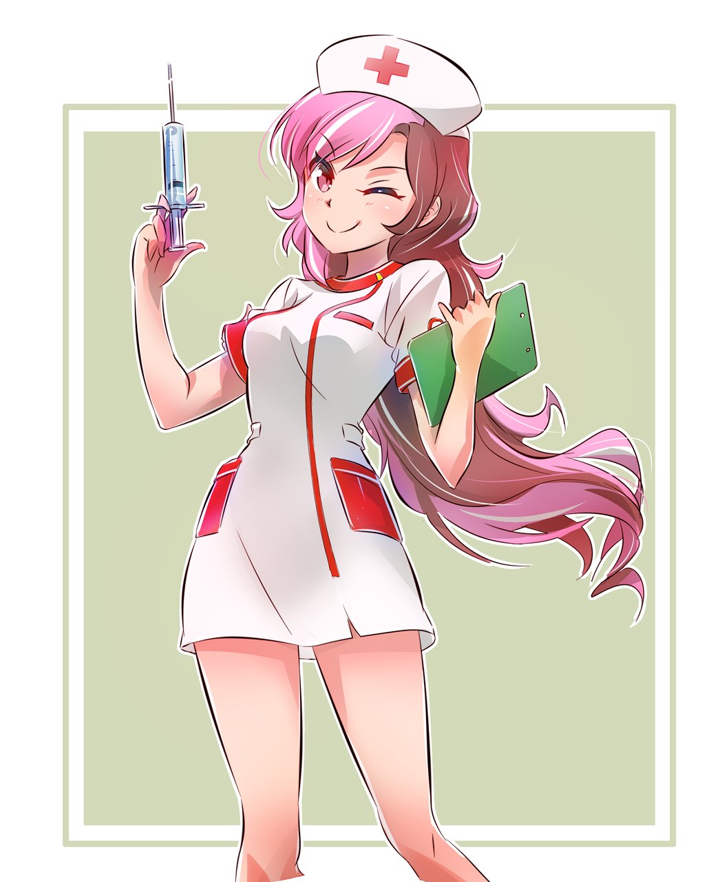 1girl brown_eyes brown_hair clipboard hat heterochromia highres iesupa multicolored_hair neo_(rwby) nurse nurse_cap pink_eyes pink_hair rwby solo syringe