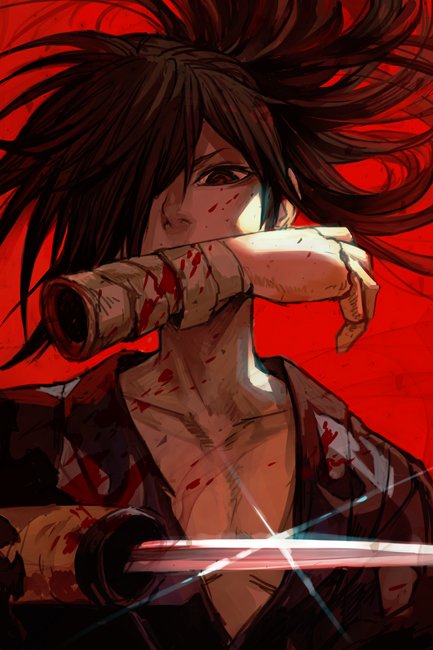 1boy bandage black_hair blood blood_splatter dororo_(tezuka) hair_over_one_eye hankuri hyakkimaru_(dororo) japanese_clothes katana kimono mouth_hold ponytail red_background severed_arm severed_limb sword weapon