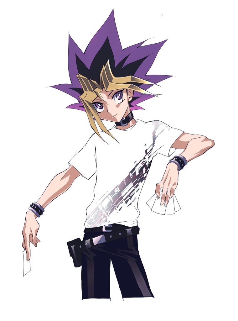 belt belt_collar black_pants bright_pupils card closed_mouth commentary_request cowboy_shot cropped_legs holding looking_at_viewer maruchi multicolored_hair pants pouch shirt short_sleeves simple_background smile spiky_hair standing violet_eyes white_background white_shirt wristband yami_yuugi yu-gi-oh!