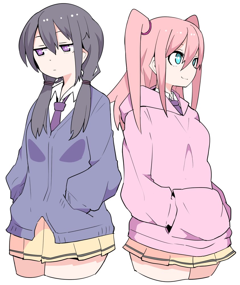 2girls :3 :| aqua_eyes black_hair cardigan closed_mouth commentary_request cowboy_shot hands_in_pockets hifumitaka hood hoodie looking_away low_twintails multiple_girls necktie nemoto_hina pink_hair pink_hoodie pleated_skirt purple_neckwear school_uniform side-by-side simple_background skirt tamura_yuri twintails violet_eyes watashi_ga_motenai_no_wa_dou_kangaetemo_omaera_ga_warui! white_background