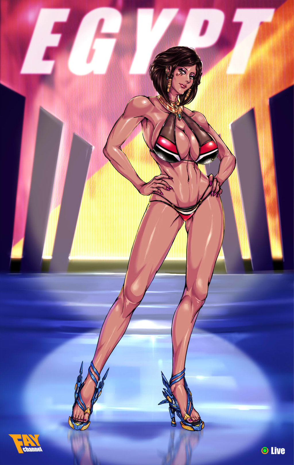1girl artist_name bikini breasts brown_eyes brown_hair cleavage commentary dark_skin english_commentary eye_of_horus eyeshadow facial_tattoo faymantra full_body hair_tubes hands_on_hips high_heels highres large_breasts lips looking_at_viewer makeup medium_hair nail_polish nose overwatch pharah_(overwatch) solo standing swimsuit tattoo toned